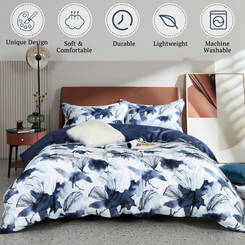 MILDLY Cotton Queen Duvet Cover Pillow Shams 3 Pieces Set Designed Blue Spring Floral Pattern Printed Bedding Set with Zipper Closure and Corner Ties (No Comforter) - Image 2